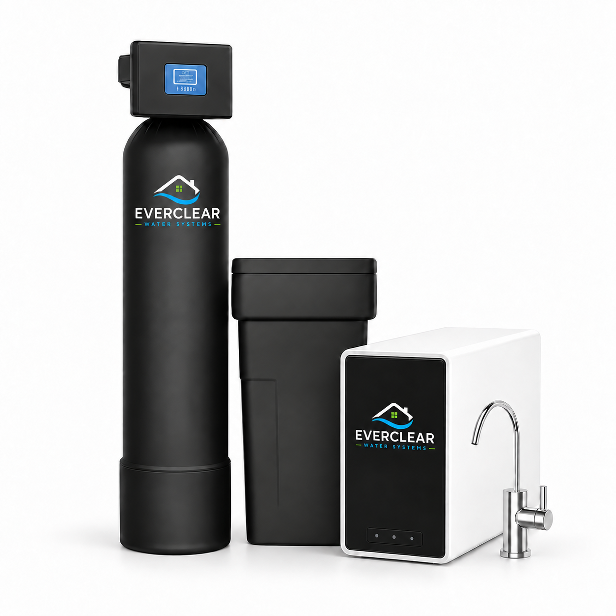 EverClear-branded softener and tankless RO with a plain black brine bin