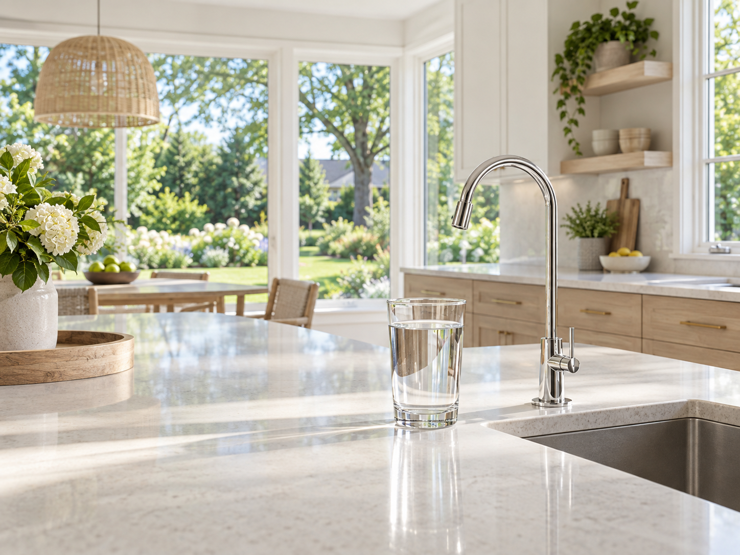 Bright home kitchen with a drinking-water faucet and a glass of clear water