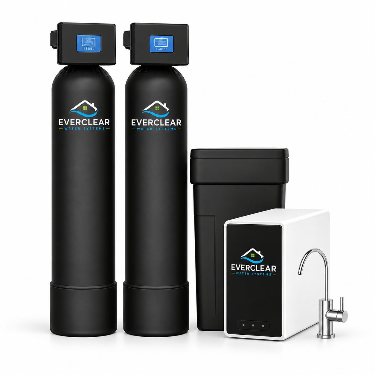 EverClear dual-tank well-water system with brine bin, tankless RO and drinking-water faucet